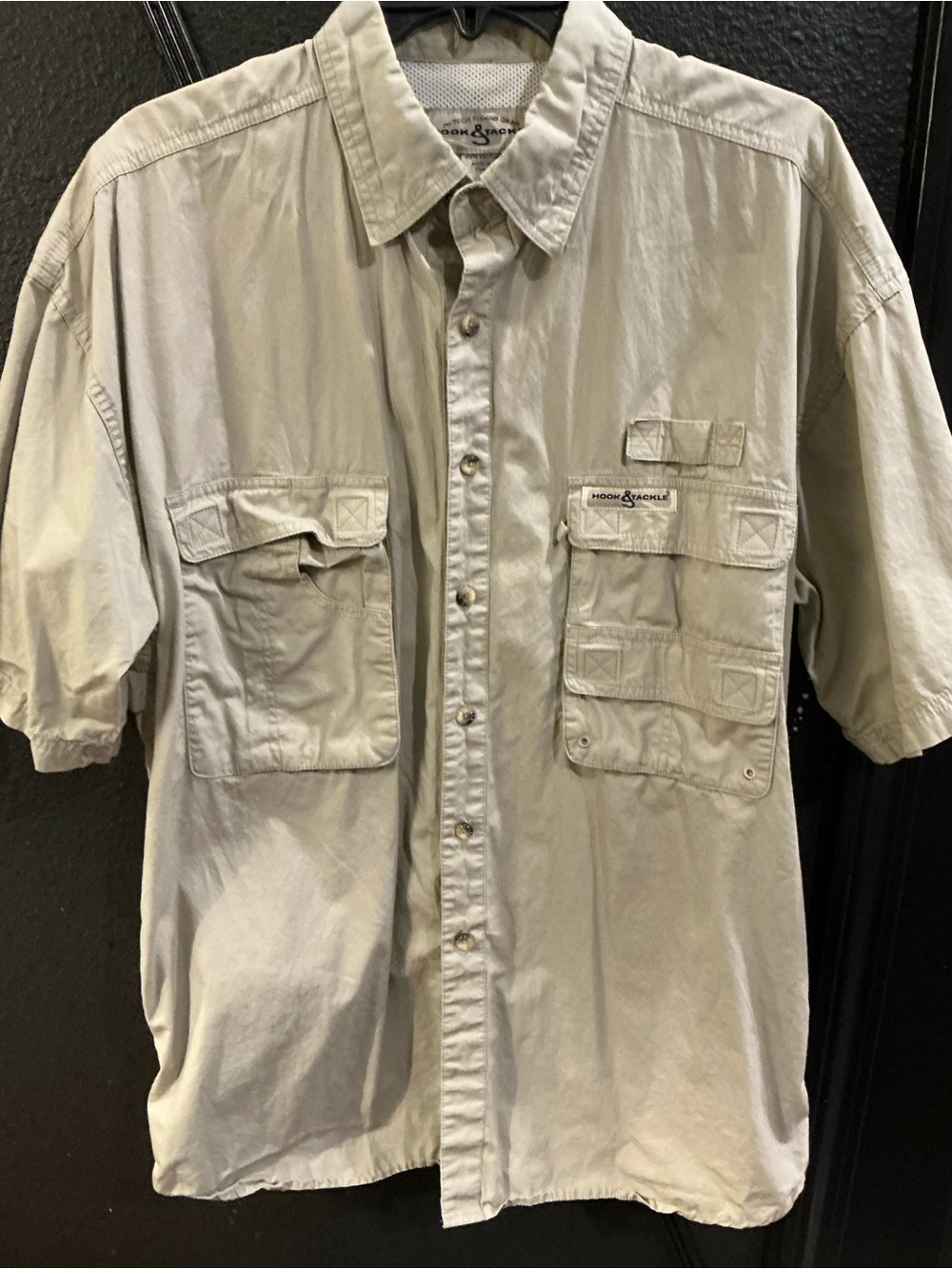 Hook & Tackle Fishing Shirt Mens Large Khaki Vented Utility Outdoor Camp